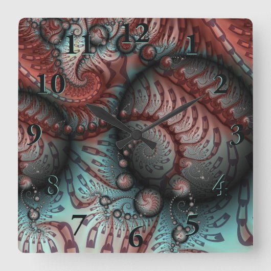 Abstracte Vivid Fantasy Fractal Art Bruin Blauw Vierkante Klok (Voorkant)