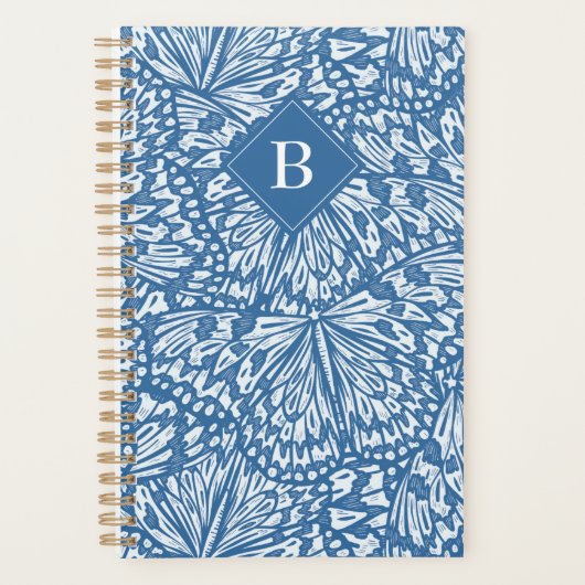 Abstracte Vlinder Dier Print Monogram Blauw Planner (Voorkant)
