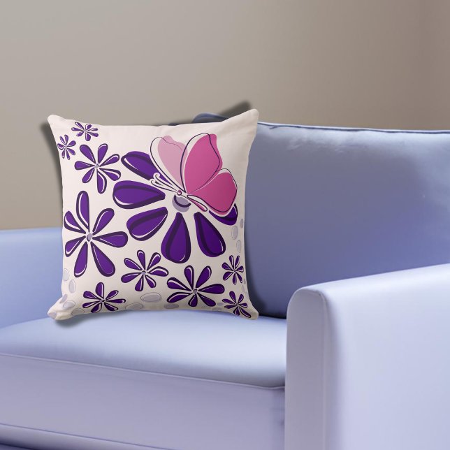 Abstracte vlinder en bloesem roze en Paarse kunst Kussen (Abstract Butterfly and Blossom Pink and Purple Art Throw Pillow)
