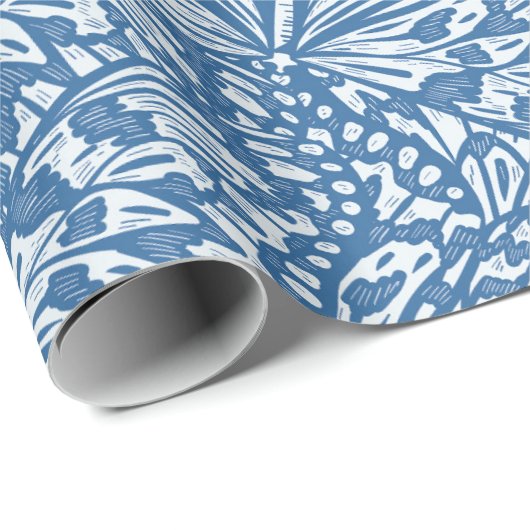 Abstracte vlinderdierenprint in blauw cadeaupapier (Rol Hoek)