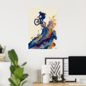 Abstracte vloeibare inkt mountainbiker – Dynamisch Poster (Thuiskantoor)