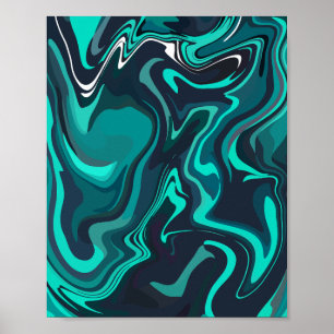 Abstracte vloeibare kunst met turquoise en zwarte  poster