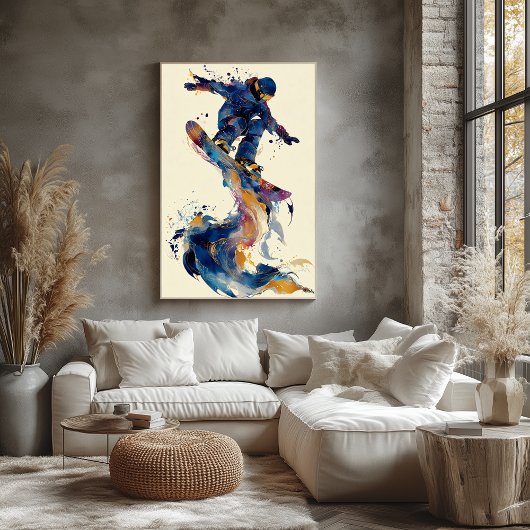 Abstracte vloeiende inkt sneeuwboarder dynamische poster