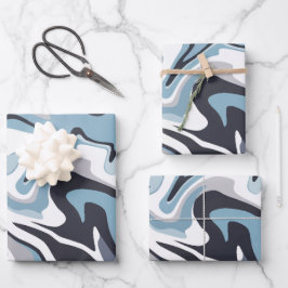 Abstracte vloeiende kunst met wervelende blauwe en inpakpapier vel
