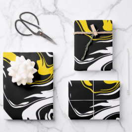 Abstracte vloeistofkunst in zwart, wit en geel inpakpapier vel