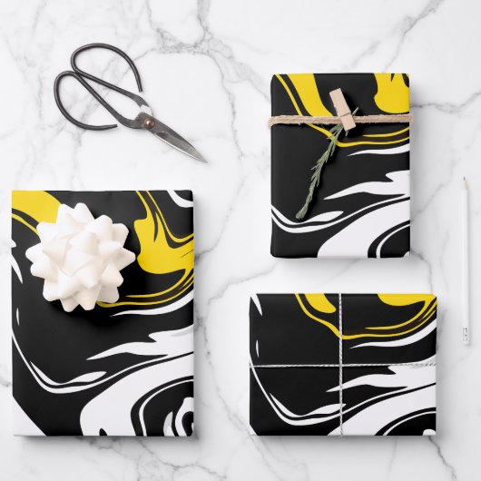 Abstracte vloeistofkunst in zwart, wit en geel inpakpapier vel (Voorkant)