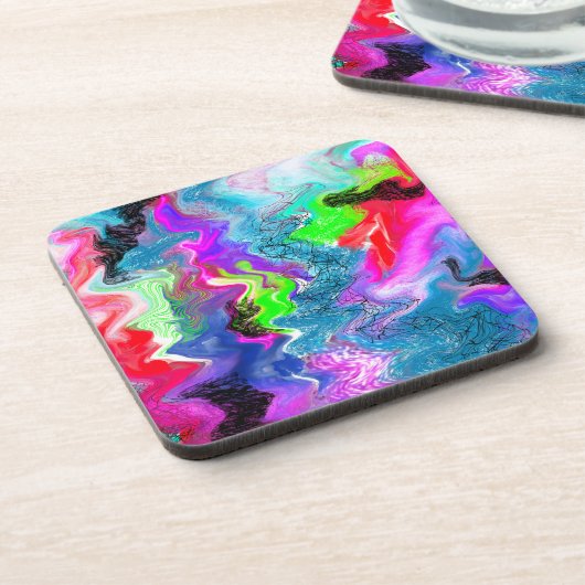 Abstracte vloerkunst met kleurrijke cirkels en lij bier onderzetter (Linkerzijde)