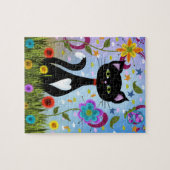 Abstracte volks kunst: Schattige zwart-witte kat Legpuzzel (Horizontaal)