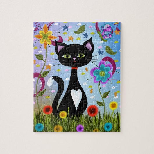 Abstracte volks kunst: Schattige zwart-witte kat Legpuzzel (Verticaal)