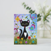 Abstracte volkskunst: charmante zwart-witte kat briefkaart (Staand voorkant)