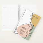 Abstracte vormen die elke dag tellen onbijgewerkt planner<br><div class="desc">Gepersonaliseerde Planner met trendy abstracte vormen, botanische schets tekeningen en elegant handgeschreven manuscript. De positieve bevestiging leest "makend elke dag tellen"die u kunt uitgeven en u kunt jouw namen en het jaar ook toevoegen. Het ontwerp heeft een modern kleurenpalet van ochre gele, blauwe perzik en groen.</div>