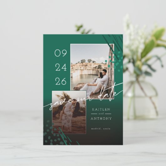 Abstracte vormen Emerald Marble Back & 2 foto's Save The Date (Staand voorkant)