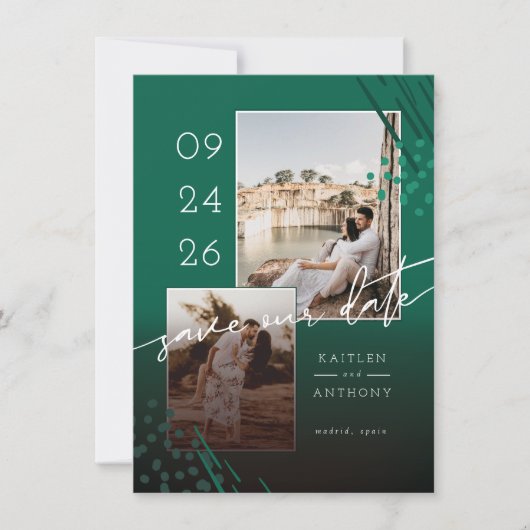Abstracte vormen Emerald Marble Back & 2 foto's Save The Date (Voorkant)