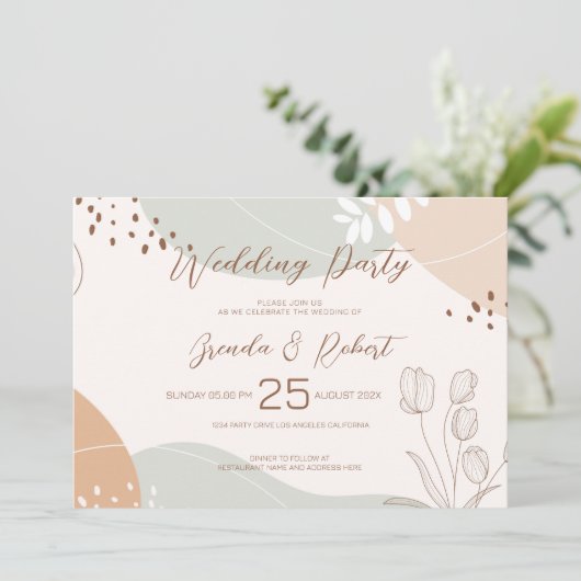 Abstracte vormen en bloemen bruiloft uitnodigen save the date (Staand voorkant)