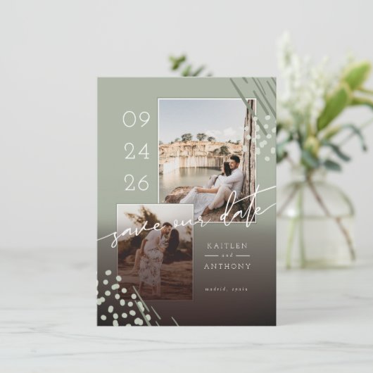 Abstracte vormen Groene Marmer Rug en 2 foto's Save The Date (Staand voorkant)
