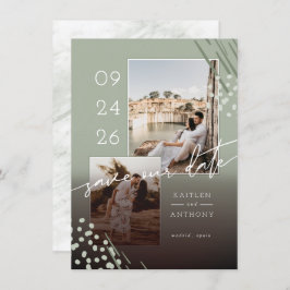 Abstracte vormen Groene Marmer Rug en 2 foto's Save The Date