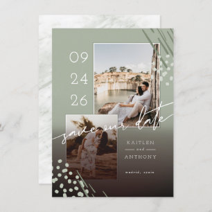 Abstracte vormen Groene Marmer Rug en 2 foto's Save The Date