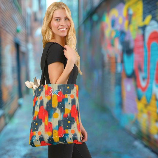 Abstracte vormen in rood, geel en blauw op beige tote bag