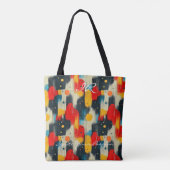 Abstracte vormen in rood, geel en blauw op beige tote bag (Achterkant)