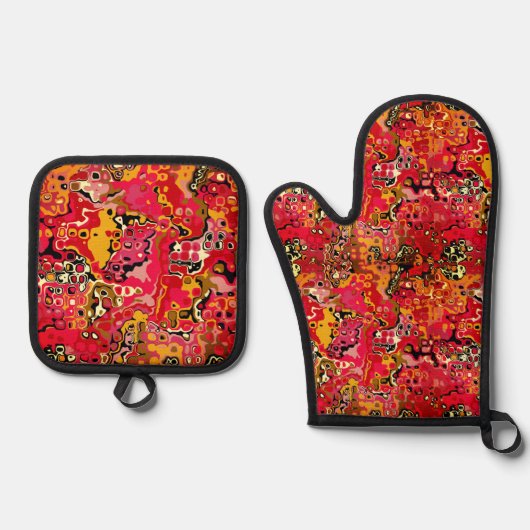 Abstracte vormen in rood ovenwant & pannenlap set (Voorkant)
