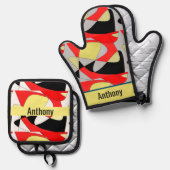 abstracte vormen - naam ovenhandschoen & pothol ovenwant & pannenlap set (Voorkant / Achterkant)