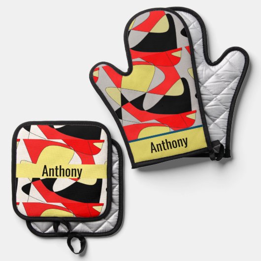 abstracte vormen - naam ovenhandschoen & pothol ovenwant & pannenlap set (Voorkant / Achterkant)