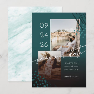 Abstracte vormen turquoise groene marmeren achterk save the date