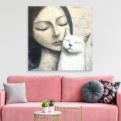 Abstracte vrouw die vrolijke witte kat knuffelt canvas afdruk (Insitu (Woonkamer))