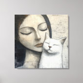 Abstracte vrouw die vrolijke witte kat knuffelt canvas afdruk (Voorkant)