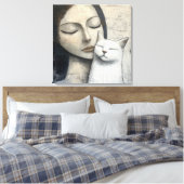 Abstracte vrouw die vrolijke witte kat knuffelt canvas afdruk (Insitu (Slaapkamer))