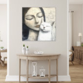 Abstracte vrouw die vrolijke witte kat knuffelt canvas afdruk