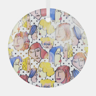 Abstracte vrouw gezichten, waterverf polka stippen glas ornament