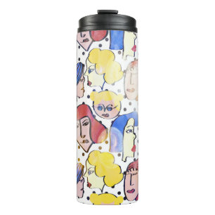 Abstracte vrouw gezichten, waterverf polka stippen thermosbeker