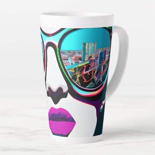 Abstracte Vrouw in Zonnebril City Reflection Latte Mok (Rechterhoek)