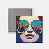 Abstracte Vrouw in Zonnebril met Stadsbezinning Magneet (Voorkant / Achterkant)