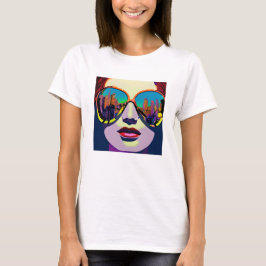 Abstracte Vrouw in Zonnebril met Stadsbezinning T-shirt