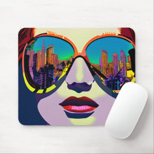 Abstracte vrouw in zonnebril met stadsreflectie  muismat
