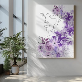 Abstracte vrouw kunst met paarse bloemen spatten canvas afdruk