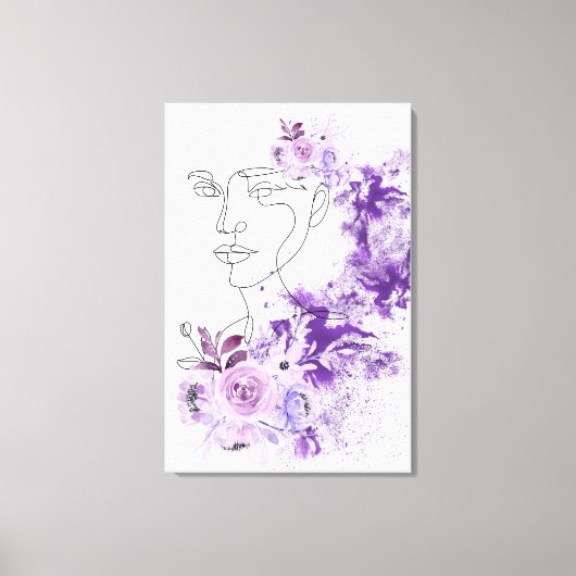 Abstracte vrouw kunst met paarse bloemen spatten canvas afdruk (Voorkant)