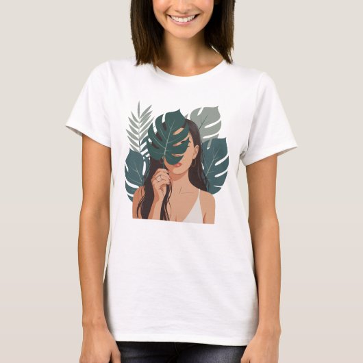Abstracte vrouw met Monstera Plant T-shirt (Voorkant)