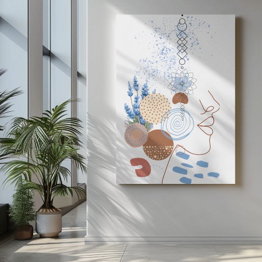 Abstracte vrouwen gezicht lijn kunst met blauw blo canvas afdruk