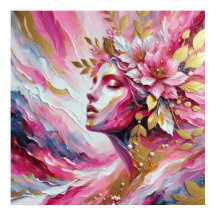 Abstracte vrouwengezicht roze bladeren poster