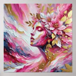 Abstracte vrouwengezicht roze bladeren poster