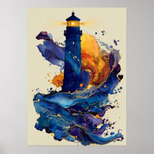 Abstracte Vuurtoren Vloeibare Kunst Kustkleur Stro Poster