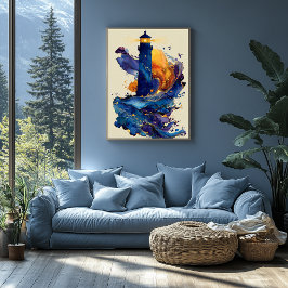 Abstracte Vuurtoren Vloeibare Kunst Kustkleur Stro Poster