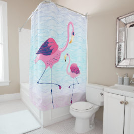 Abstracte watergolven met roze flamingo's douchegordijn