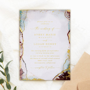 Abstracte Waterverf Aqua Red Wedding Real Gold Folie Uitnodiging