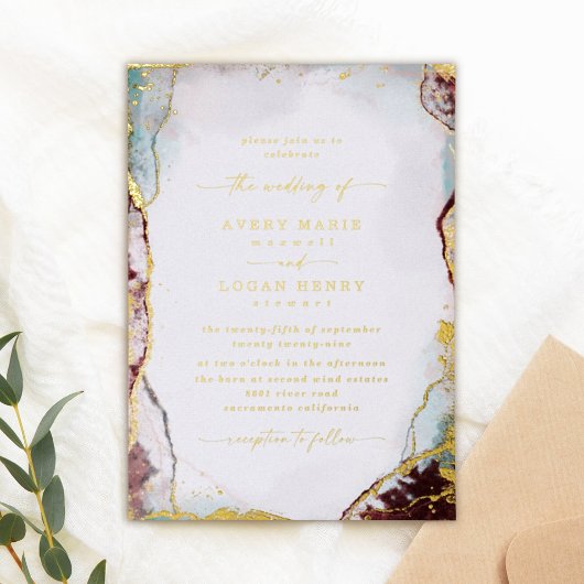 Abstracte Waterverf Aqua Red Wedding Real Gold Folie Uitnodiging