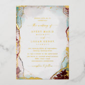 Abstracte Waterverf Aqua Red Wedding Real Gold Folie Uitnodiging (Voorkant)