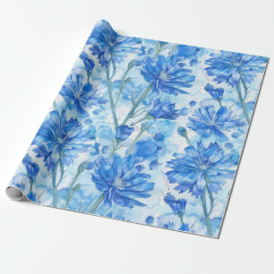 Abstracte Waterverf Blauw en Wit Bloemen Cadeaupapier